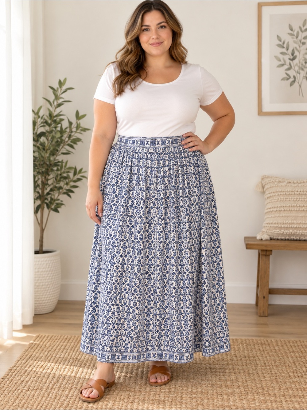 Max Studio White and Blue Floral Maxi Skirt